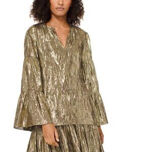 Michael Kors Collection Bell-Sleeve V-Neck Crushed-Lame Peasant Blouse, …